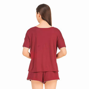 Camiseta de cuello redondo de color granate para mujer, conjuntos cortos de algodón puro, moda para dormir - Product Image 2