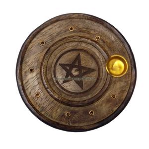 Pentacle Engraved 4"x4" Eco-Friendly Durable Wooden <b>Incense</b> <b>Holder</b> Plate <b>for</b> <b>Incense</b> <b>Sticks</b> and Cones Burner <b>for</b> Prayer (Pooja) - Product Image 1