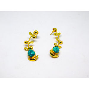 latest fashion Trending handmade golden matte finishing brass stone stud hoop leaf design earing for girls and women - Product Image 1