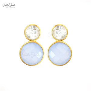 มูนสโตนสีรุ้งธรรมชาติต่างหูคาลซิโดนีสีฟ้าอินเทรนด์เครื่องประดับมินิมอล - Product Image 1