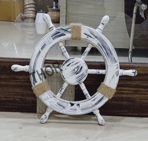 Rueda de madera coleccionable náutica blanca, 18 ", decoración de pared de dirección de barco - Product Image 3