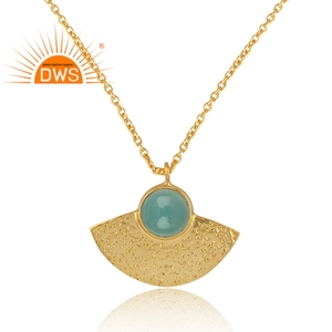 Designer Texture Silver Gold Plated Pendant Necklace Aqua Chalcedony Gemstone Necklace Jewelry Wholesale - Product Image 2