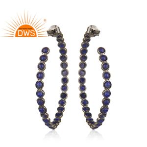 Trendy Ladies Fashion Hoop Earring Jewelry Wholesale Lapis Gemstone Black Rhodium Plated Sterling Silver Earring - Product Image 3