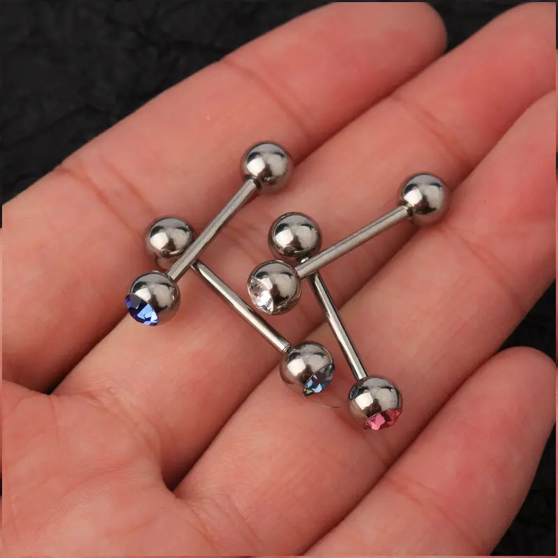 14G lidah perhiasan perak baja nirkarat kristal permata lidah cincin untuk grosir
