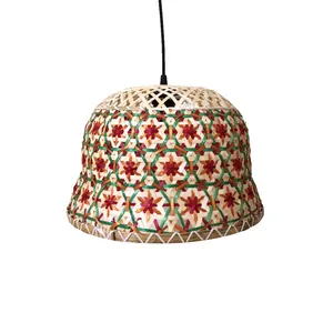 Woven Rattan/Bamboo Red Color Flower Pattern Lighting Cover Half Sphere