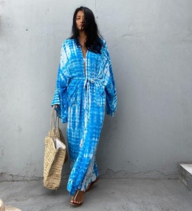 2022 nouveaux adultes été Long Kimono femmes décontracté haut en lin à manches longues cravate teinture plage couverture XL taille 100% coton lavable naturel - Product Image 2