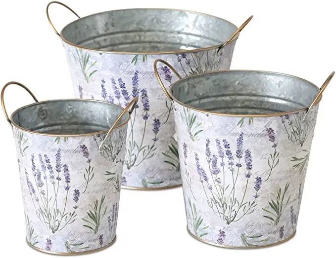 Lavendel De Provence Cache Pot Plantenbakken Franse Land Botanicals Zink Rustieke Wit Paars Groen Goud Accent