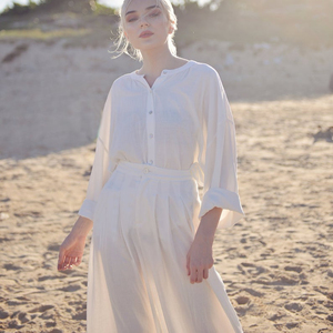 Nouvelle arrivée 2026, robe en lin de couleur blanche, tendance, design tendance, 100% lin, type crêpe, col rond, manches 3/4, longueur au sol - Product Image 2