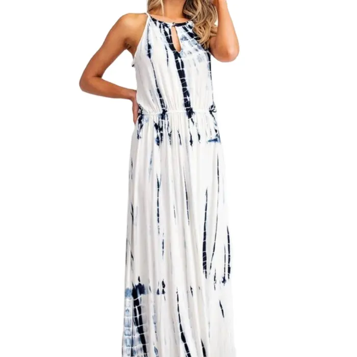 New Arrival Tie Dye Rayon Women Halter Neck Long Ankle Length Bohemian Beach Wear Maxi Loose Slim Fit Dress For Wedding Party