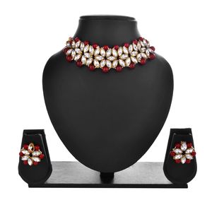 Collier et boucles d'oreilles au ras du cou en strass, motif Floral indien Boho, Kundan, perles rouges, ensemble de bijoux de mariée, de mariage, - Product Image 3