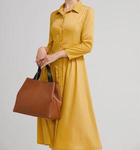 Vestido Camisero Amarillo con Cuello Camisero, Manga Tres Cuartos, Largo Midi, Color Sólido, Tejido Transpirable, 100% Lino, Bordado, Oficina - Product Image 1