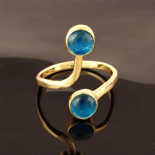 Hot selling double stone round blue jade quartz brass gold plated adjustable snake ring handmade jewelry fashionable ring