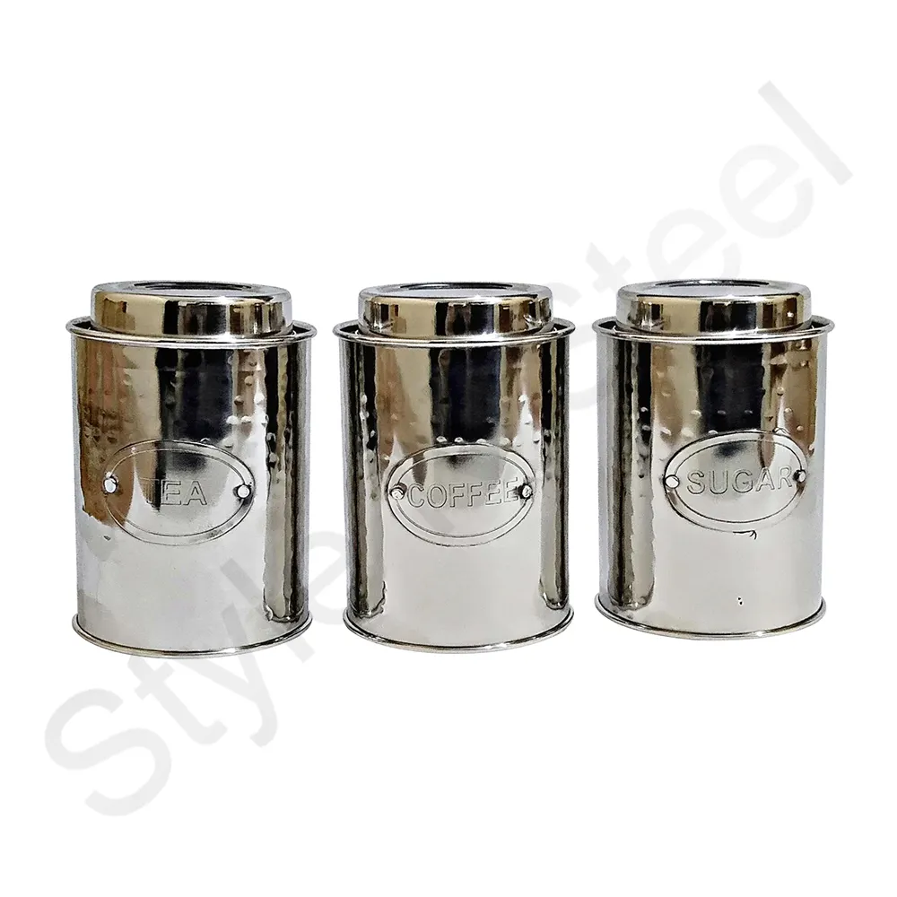 Round Canister Set of 3 pcs with Hammering Stainless Steel High Quality Custom Round Embossed Airtight Metal Coffee Tin