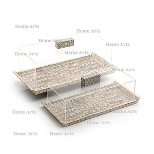 Lot de 2 plateaux de service incrustés avec couvercle en acrylique forme rectangulaire plateau en bois de taille personnalisée à vendre - Product Image 3