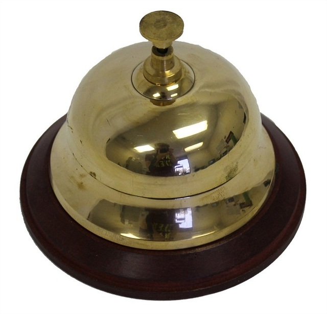 Solid Brass Front Desk Bell 3.75" on Wood Base Hotel or Counter Service Hand Push Table Calling Bell Front Desk