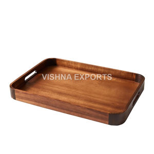 Bandeja de servicio de madera de acacia de tamaño personalizado con borde redondeado y dos asas para cocina o decoración del hogar con logotipo - Product Image 1