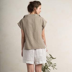 Haut bohème en lin pour femme, décontracté, uni, tissé, respirant, coupe régulière, manches courtes et col rabattu - Product Image 3