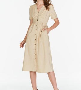 Robe d'été formelle ample en crêpe brodé à col en V, longueur genou, boutonnée sur le devant, manches courtes, 100 % lin naturel uni avec pompons - Product Image 3