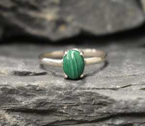 Bague en argent sterling 92.5 belle forme ovale lisse or poli malachite naturelle pierre précieuse chrétien classique - Product Image 4