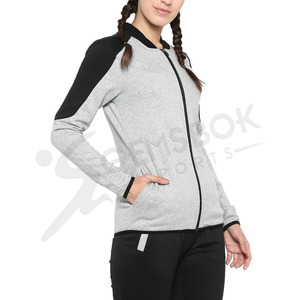 Veste de sport et yoga en molleton tricoté respirant haute performance pour femme, ultra-extensible, avec fermeture éclair intégrale et doublure matelassée grise – Vente en gros - Product Image 5