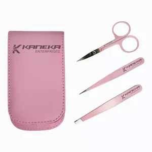 3合1不锈钢粉色精密眉笔镊子修剪器剪刀工具套件，带包