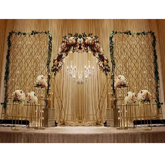 Backdrop dourado royal para casamento, prateleira hexagonal de metal para arco de noivas e casamentos, quadro de velas para fundos de palco