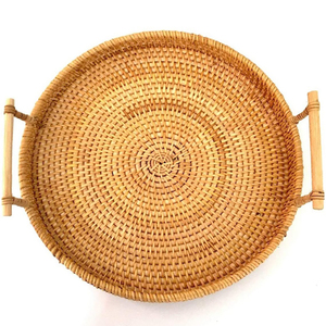 100% Lacquer Set of 3pcs rattan tray storage tray round basket with handle for Bread Fruit Food