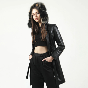 Chaqueta larga de cuero de calidad superior para mujer 100% Capucha de cuero interior con piel transpirable - Product Image 6