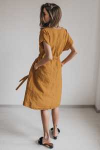 Robe en lin pour femme, tendance, dernier design, couleur dorée, tissu crêpe, manches courtes, col en V, longueur genou. - Product Image 4