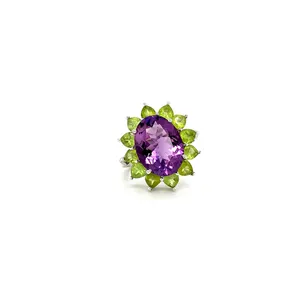 高品质紫水晶 & 橄榄石宝石手工戒指925纯银珠宝