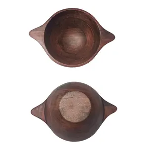 Hot-Selling 2022 Antique Walnut Vintage Round Hand-carved Multi-purpose Decorative Mango wood Handled Empty Candle / Salad Bowl