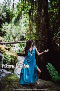 Maxi de Lino Vintage Chic para Mujer Hecho a Mano Hermosa Cubierta de Playa Sexy Abertura Lateral Único Estampado de Explosión Hasta el Suelo Natural - Product Image 3