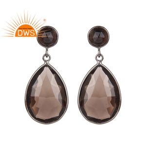 Poire En Forme De Quartz Fumé Sertie de Pierres Précieuses Boucle D'oreille Fabricant 925 Sterling Rhodium Plaqué Bijoux Fournisseur - Product Image 1