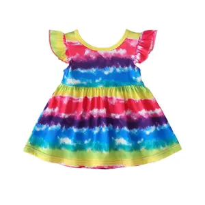 卸売子供の女の子のカラフルなレインボーストライププリントフライングスリーブカジュアルドレス女の子の夏のドレス