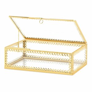 Caja de Joyería de Metal Dorado, Rectangular, con Tapa con Bisagras y Base con Espejo, Moderna y Lujosa - Product Image 1