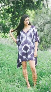 Vintage púrpura Tie-Dye Kaftan hasta la rodilla Resort playa vestido translúcido cintura Natural tejido transpirable patrón estilo sólido - Product Image 5