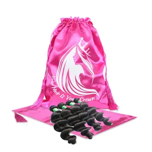 Hot sale Pink Custom silk screen printing logo large drawstring hair bundle with for packaging pouch satin wig dust bags