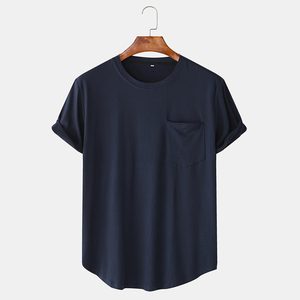 Men Cotton Plain Chest Pocket Home Casual Loose Short Sleeve T-<b>Shirt</b> - Product Image 1