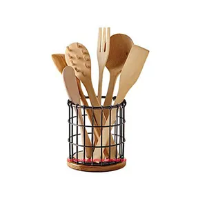 Black Cheap Price Wire Handmade hand Woven Cutlery Storage Holder With Wood Base Direct OEM factory Sale