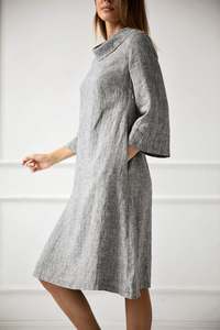 Robe en lin pour femme 2021, design croisé, manches 3/4, col bénitier, asymétrique, unie, teinte unie, formelle, sexy, mi-longue, silhouette ample - Product Image 3