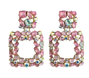 Kaimei Pink Statement Earrings for Women Crystal AB Big Earring 2019 New Rhinestone Drop Earing Luxury Geometric Earrings