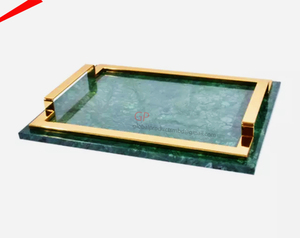 Plateau décoratif avec poignée en feuille dorée, plateau en marbre - Product Image 2
