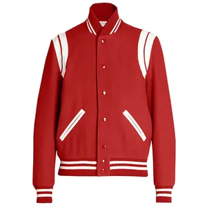 Kırmızı renk beyaz çizgili erkek üniversite ceketleri şık standı yaka ön cepler beyzbol ceket ile tasarlanmış