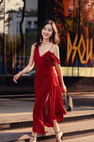 Nouvelles Arrivées Robes Midi en Chiffon Uni Col V Croisé Taille Naturelle Bordeaux Marron pour Femme Soirée Bal de Promo Fermetures Éclair Asymétriques