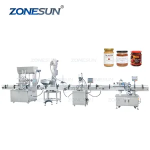 ZONESUN Automatic Jam Honey Hot Chili Sauce Metal Twist Off Bottle Caps Jar Peanut Butter Paste Filling Capping Labeling Machine