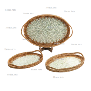 Bandeja para servir comida de ratán en tres tamaños diferentes con trabajo de nácar al precio más bajo - Product Image 4