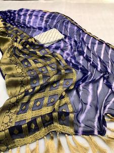 Jaigri — chemisier de travail en mousseline de soie, saree en soie, avec bordure en jacquard, cravate Leheriya n colorant avec glands en palette, sequin - Product Image 5