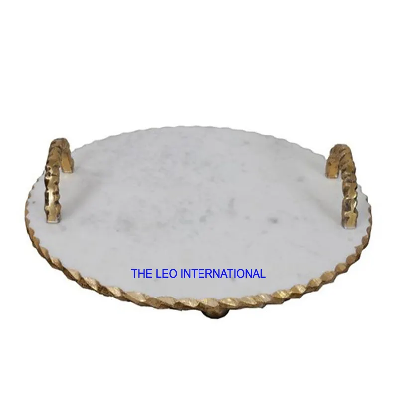 丸い白い大理石のゴールデントリム装飾サービングフードトレイ