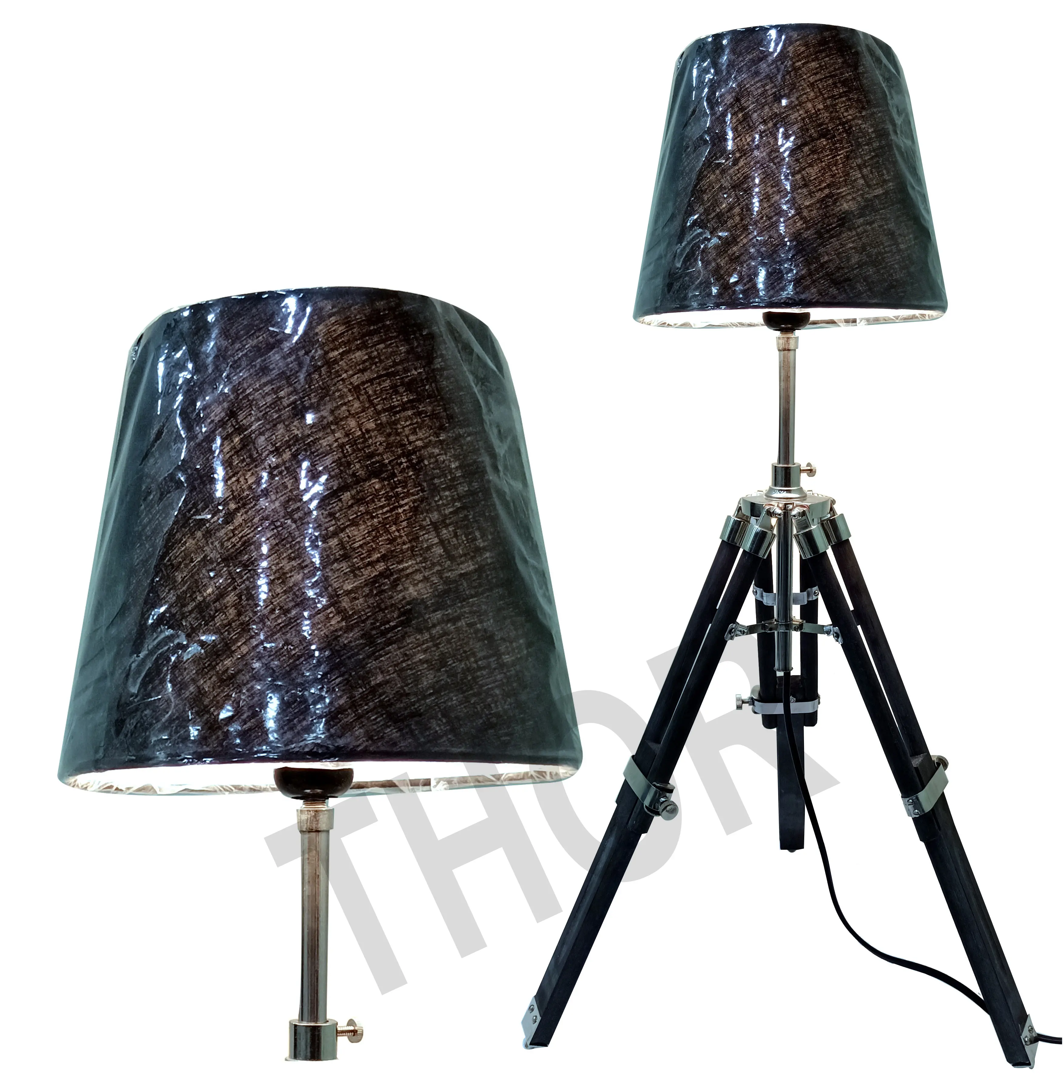 Lampe de Table à led avec trépied en bois, finition chromée, lampe de chevet, support en bois