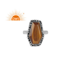 Natural Tiger Eye Gemstone Ring Jewelry Supplier <b>Oxidized</b> 925 Silver Handmade Coffin Ring Custom Jewelry Manufacturer - Product Image 1